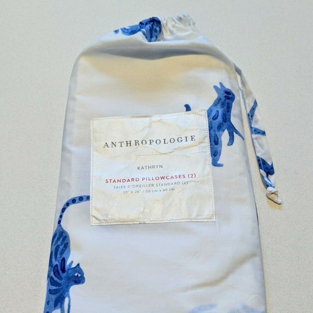 Anthropologie Standard Pillowcase Katherine Kathryn Blue Cats 100% Cotton